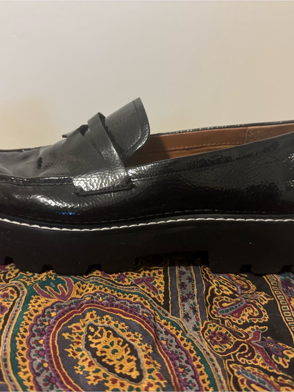 Franco Sarto Black Patent Penny Loafers with Lug Sole